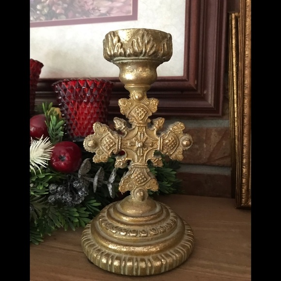 Rare Vintage 1970’s Heavy Gold Sculpture Cross Candle Holder - Picture 1 of 6